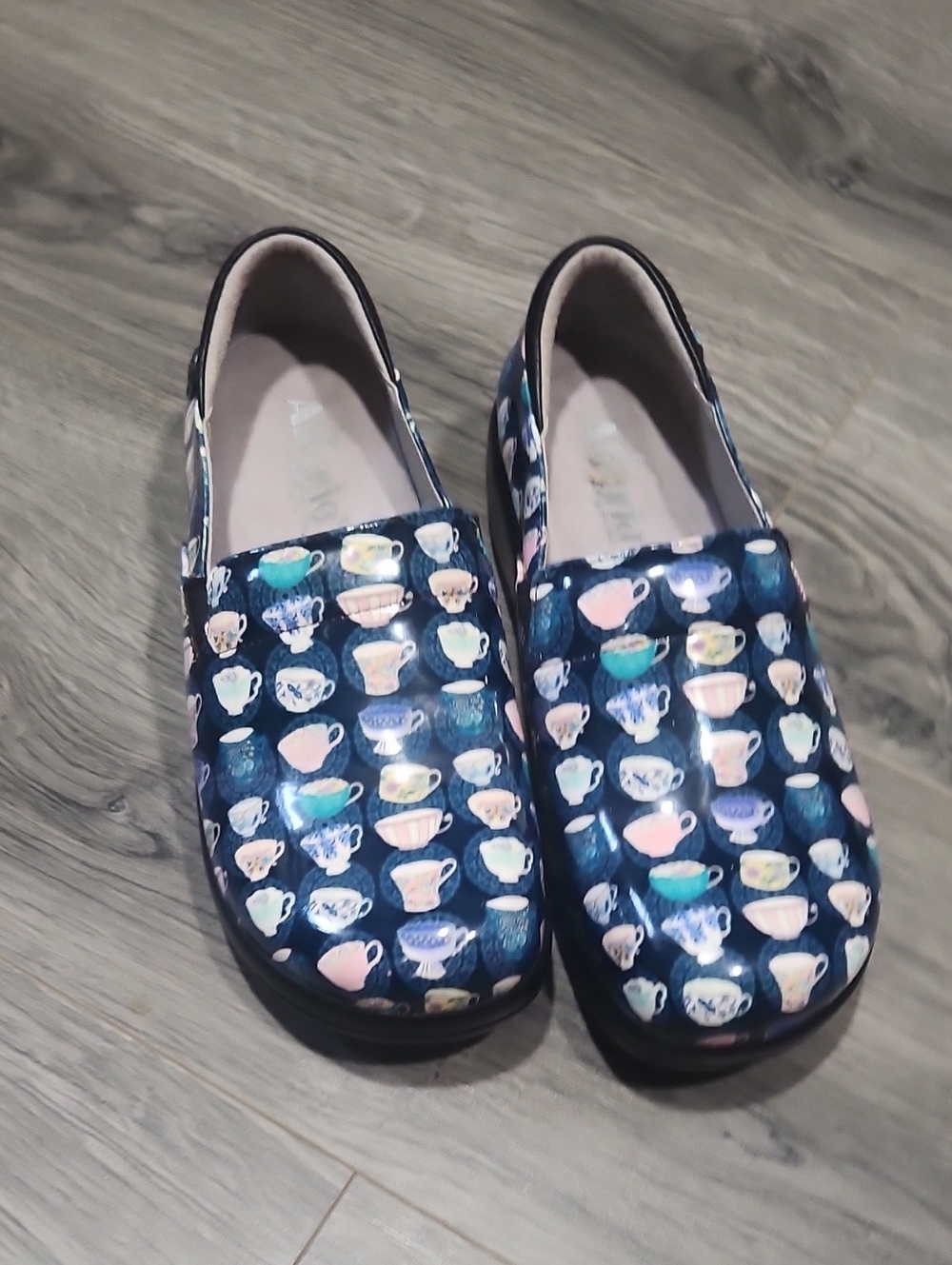 Alegria Navy Multi Teacup Print Clogs